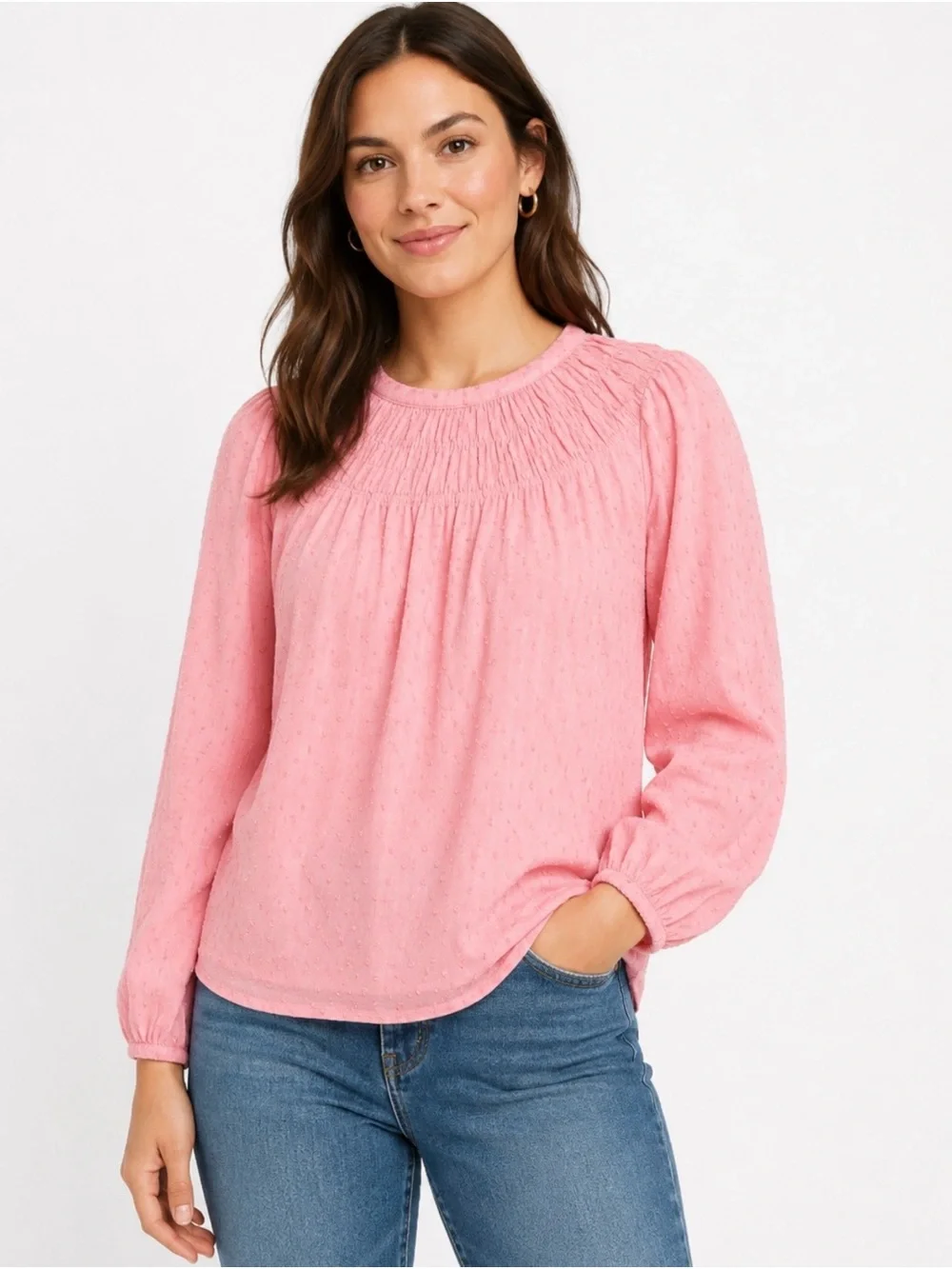 J. CREW | Pink Long-Sleeve Smocked Clip-Dot Top in Pink Lemonade Sz. Small